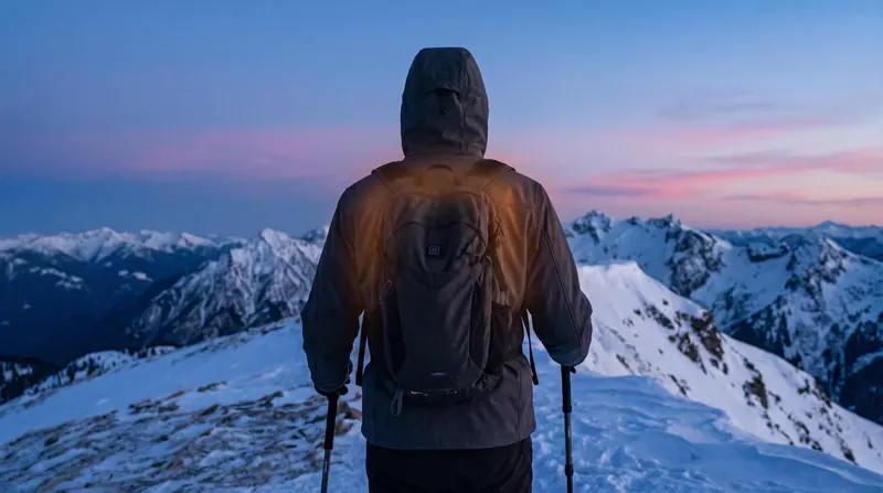 Wanderer mit beheizbarer Jacke auf einem verschneiten Berggrat bei Sonnenaufgang