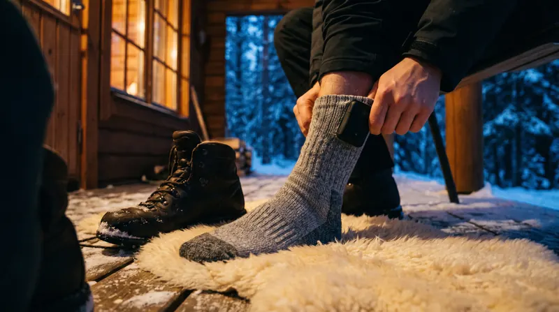 Beheizbare Socken mit Akku am Bündchen werden auf einer verschneiten Hüttenveranda angezogen