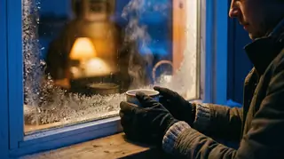 Gloves for Raynaud's: hands in heated gloves around a warm mug at a frosted window