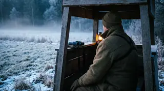 Hunter in heated hunting gear sitting in a stand above a frosty meadow
