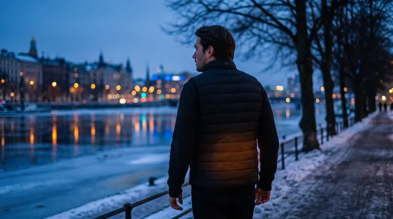 Mann mit Heizweste am winterlichen Flussufer einer Stadt in der Abenddämmerung
