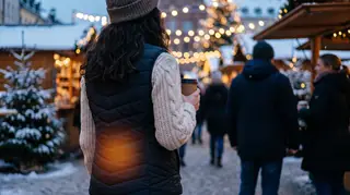 Frau mit Ororo Heizweste über dem Strickpullover auf einem verschneiten Weihnachtsmarkt